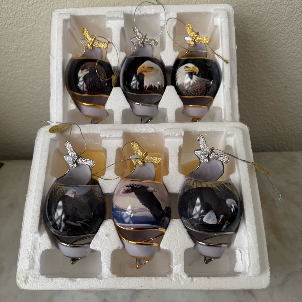 The Bradford Editions 2001 Set Of‎ 6 Eagle Porcelain Ornaments "On Eagle Wings"